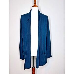 AQUA Cashmere Open Front Cardigan Sweater SM‎ Blue Hip Length Minimalist